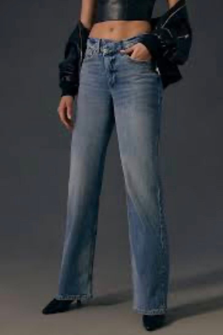 Good American Jeans 14/32 Crossover Waist High Rise Straight Leg Blue Denim Wash